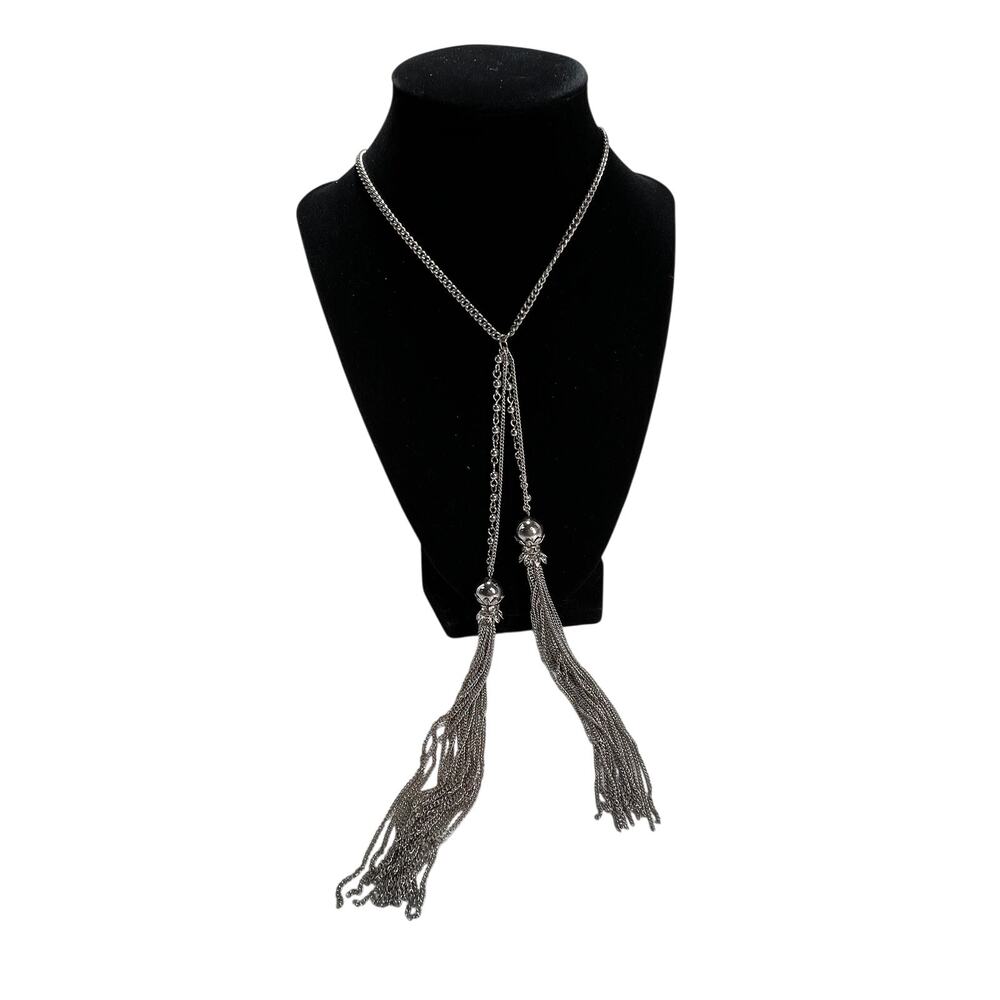 SILVER TONE Tassel Necklace Womens 24in Adjustable Multi Chain Y Statement
